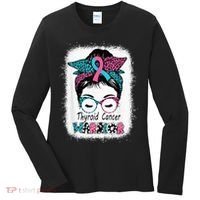 Thyroid Cancer Warrior Awareness Messy Bun Mom Teal Ribbon Women's Long Sleeve Shirt thumb 0