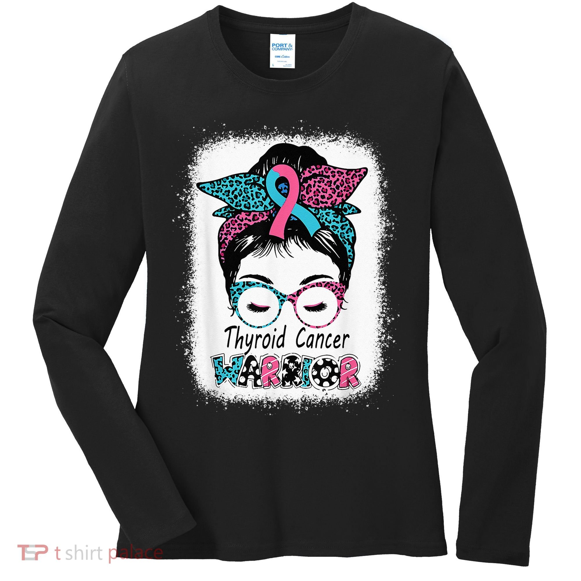 Thyroid Cancer Warrior Awareness Messy Bun Mom Teal Ribbon Women's Long Sleeve Shirt