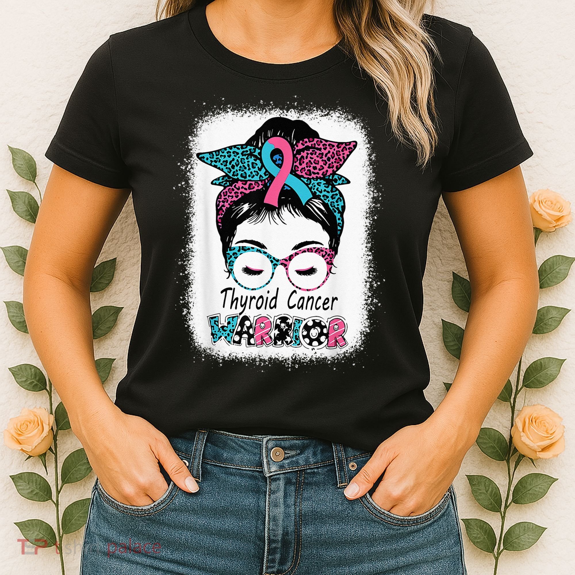 Thyroid Cancer Warrior Awareness Messy Bun Mom Teal Ribbon Women's T-Shirt