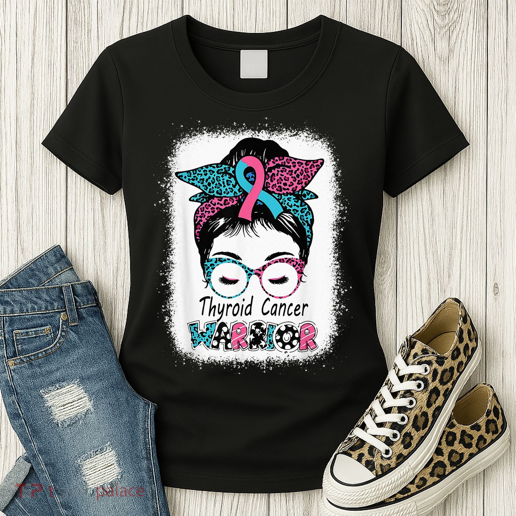 Thyroid Cancer Warrior Awareness Messy Bun Mom Teal Ribbon Women's T-Shirt