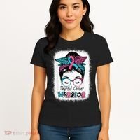 Thyroid Cancer Warrior Awareness Messy Bun Mom Teal Ribbon Women's T-Shirt thumb 4