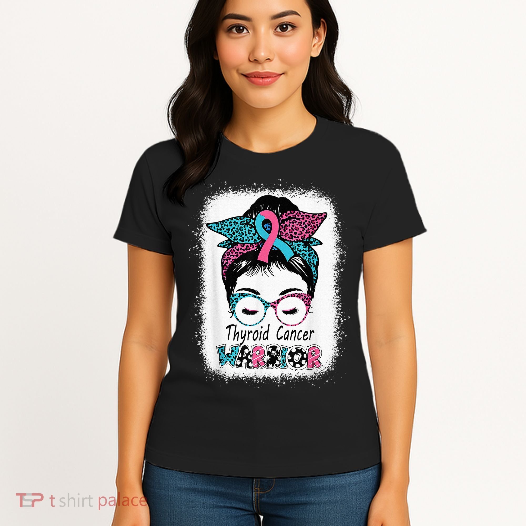 Thyroid Cancer Warrior Awareness Messy Bun Mom Teal Ribbon Women's T-Shirt