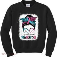 Thyroid Cancer Warrior Awareness Messy Bun Mom Teal Ribbon Kids Sweatshirt thumb 0