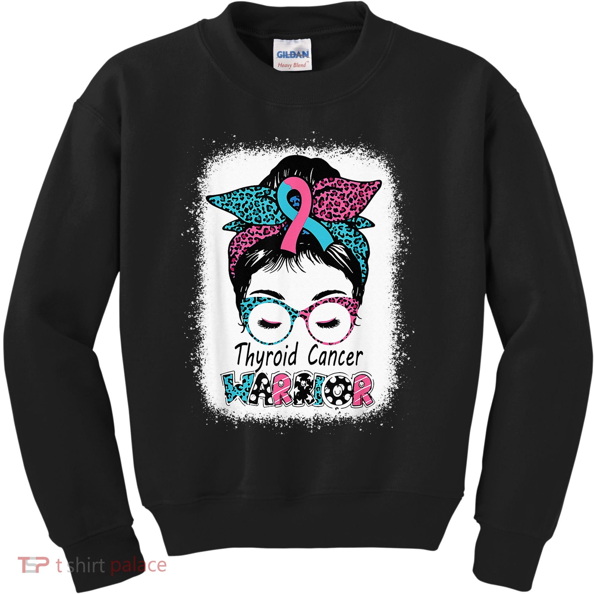 Thyroid Cancer Warrior Awareness Messy Bun Mom Teal Ribbon Kids Sweatshirt