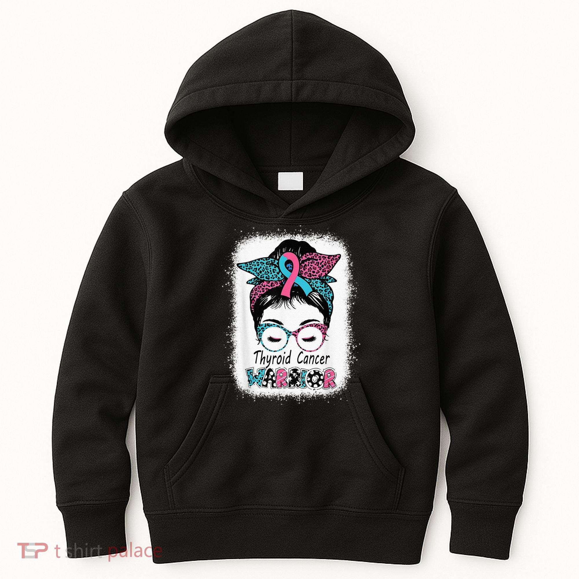 Thyroid Cancer Warrior Awareness Messy Bun Mom Teal Ribbon Kids Hoodie