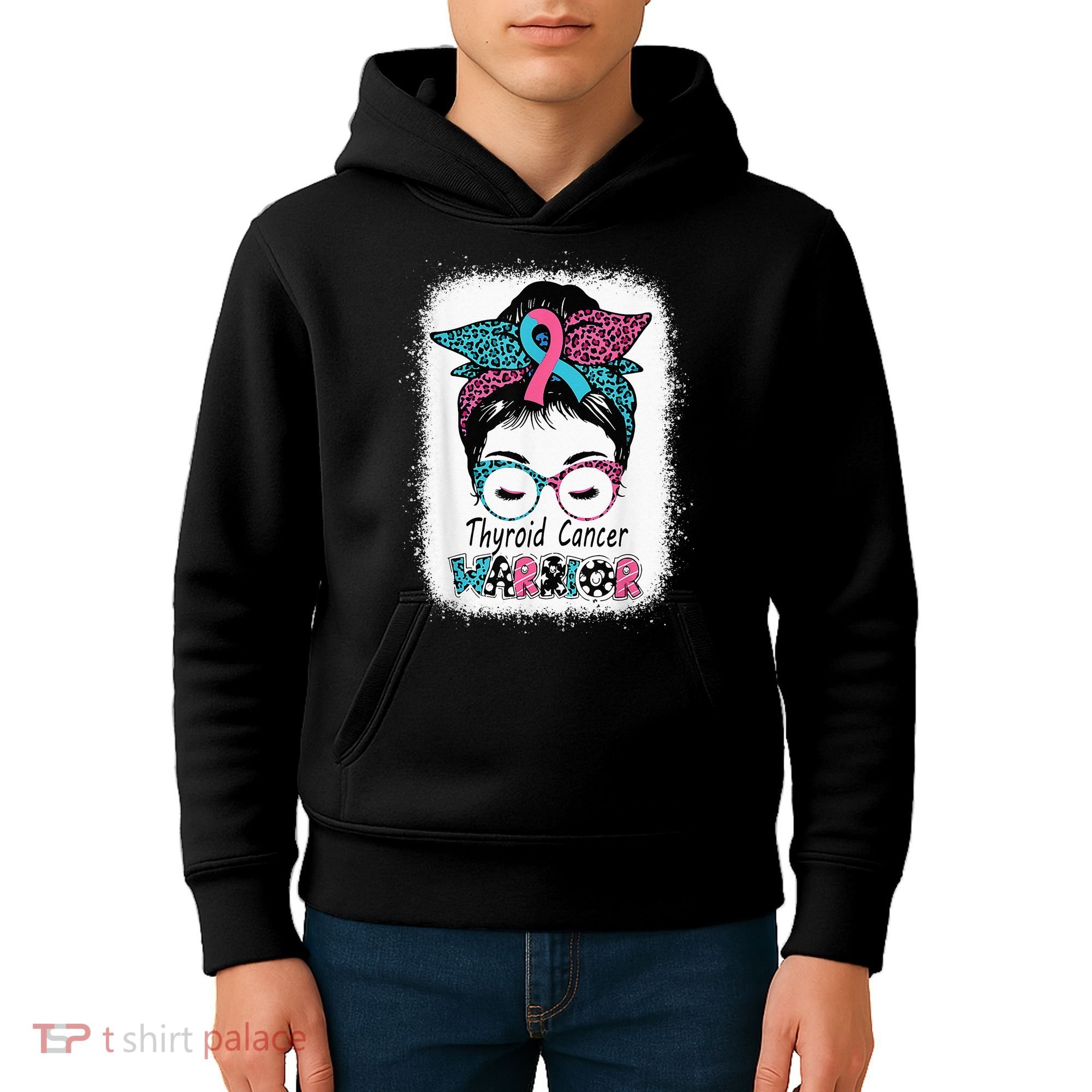 Thyroid Cancer Warrior Awareness Messy Bun Mom Teal Ribbon Kids Hoodie
