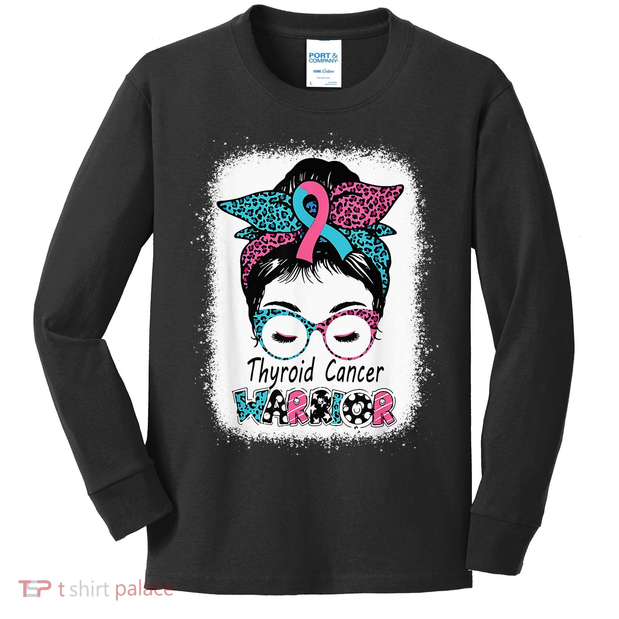 Thyroid Cancer Warrior Awareness Messy Bun Mom Teal Ribbon Kids Long Sleeve Shirt
