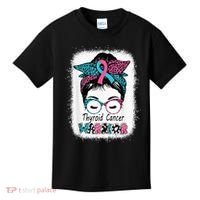 Thyroid Cancer Warrior Awareness Messy Bun Mom Teal Ribbon Kids T-Shirt thumb 0