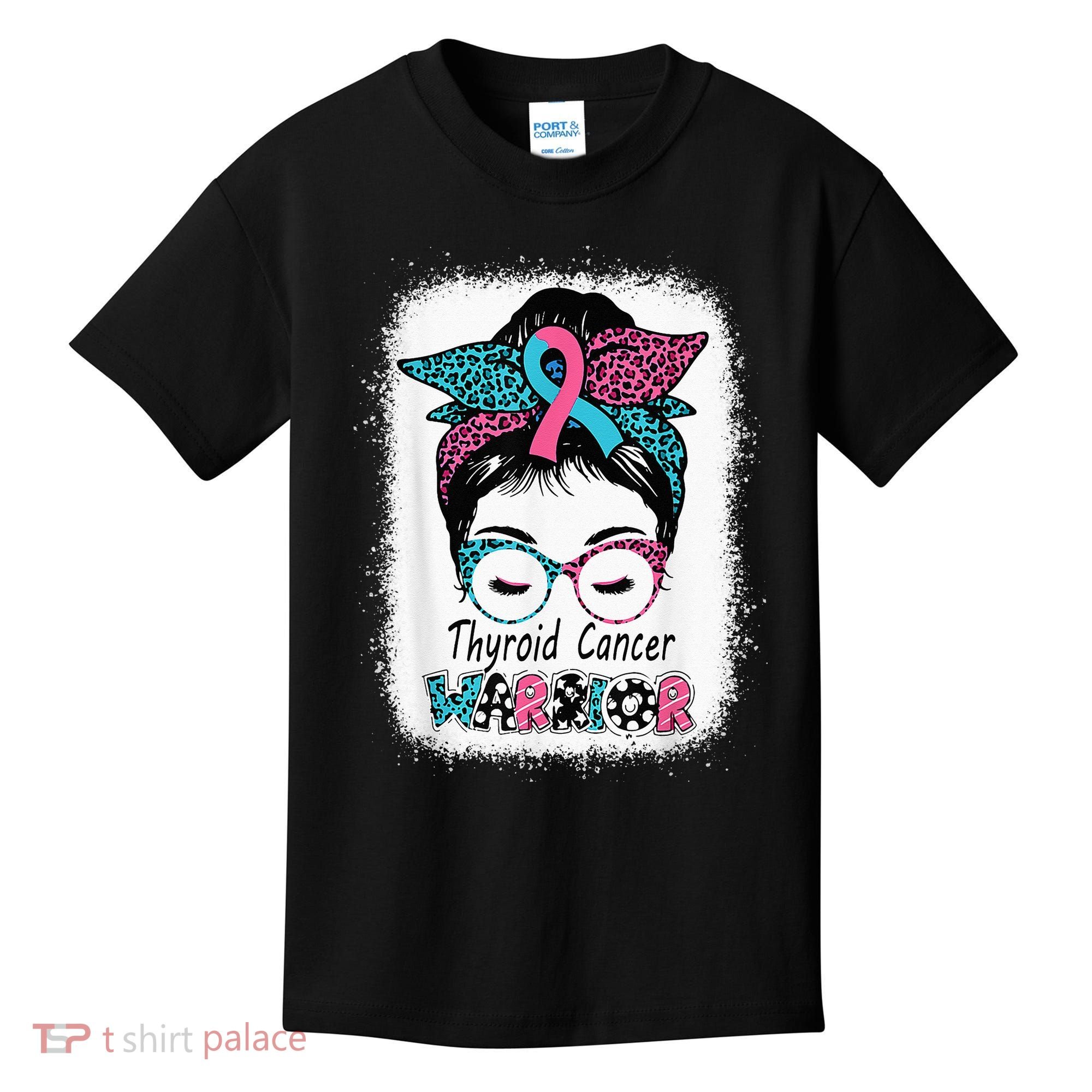 Thyroid Cancer Warrior Awareness Messy Bun Mom Teal Ribbon Kids T-Shirt