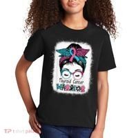Thyroid Cancer Warrior Awareness Messy Bun Mom Teal Ribbon Kids T-Shirt thumb 2