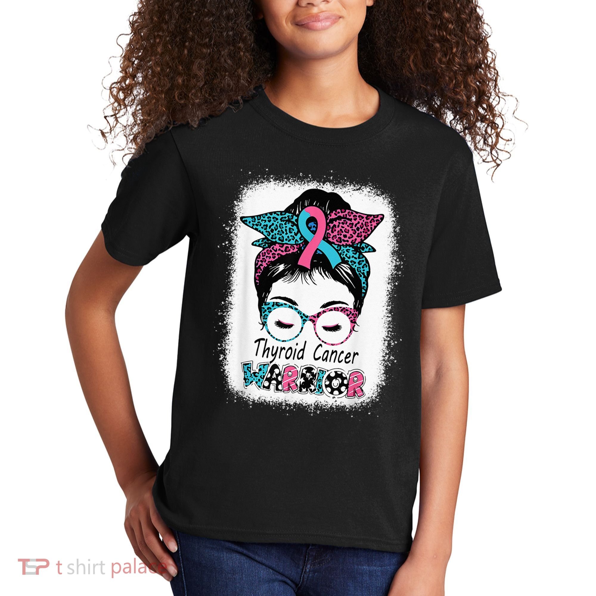 Thyroid Cancer Warrior Awareness Messy Bun Mom Teal Ribbon Kids T-Shirt