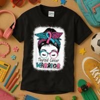 Thyroid Cancer Warrior Awareness Messy Bun Mom Teal Ribbon Kids T-Shirt thumb 3