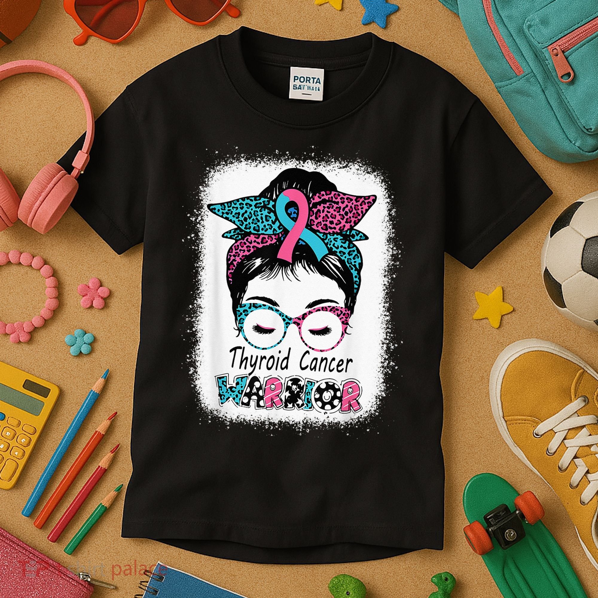 Thyroid Cancer Warrior Awareness Messy Bun Mom Teal Ribbon Kids T-Shirt
