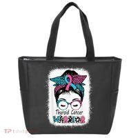 Thyroid Cancer Warrior Awareness Messy Bun Mom Teal Ribbon Tote Bag thumb 0