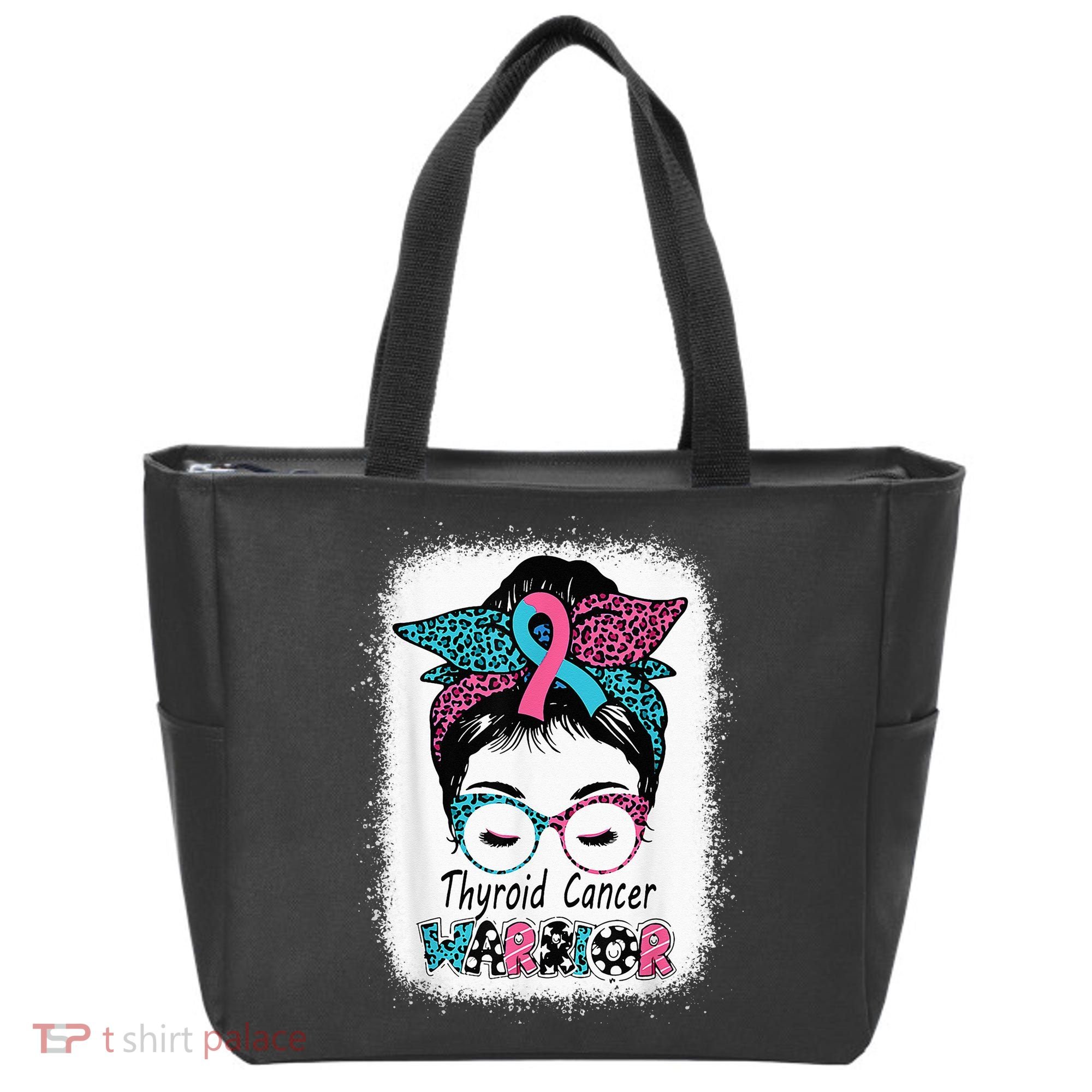 Thyroid Cancer Warrior Awareness Messy Bun Mom Teal Ribbon Tote Bag