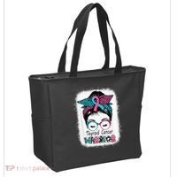 Thyroid Cancer Warrior Awareness Messy Bun Mom Teal Ribbon Tote Bag thumb 2