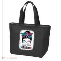Thyroid Cancer Warrior Awareness Messy Bun Mom Teal Ribbon Tote Bag thumb 3