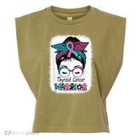 Thyroid Cancer Warrior Awareness Messy Bun Mom Teal Ribbon Garment-Dyed Women's Muscle Tee thumb 0