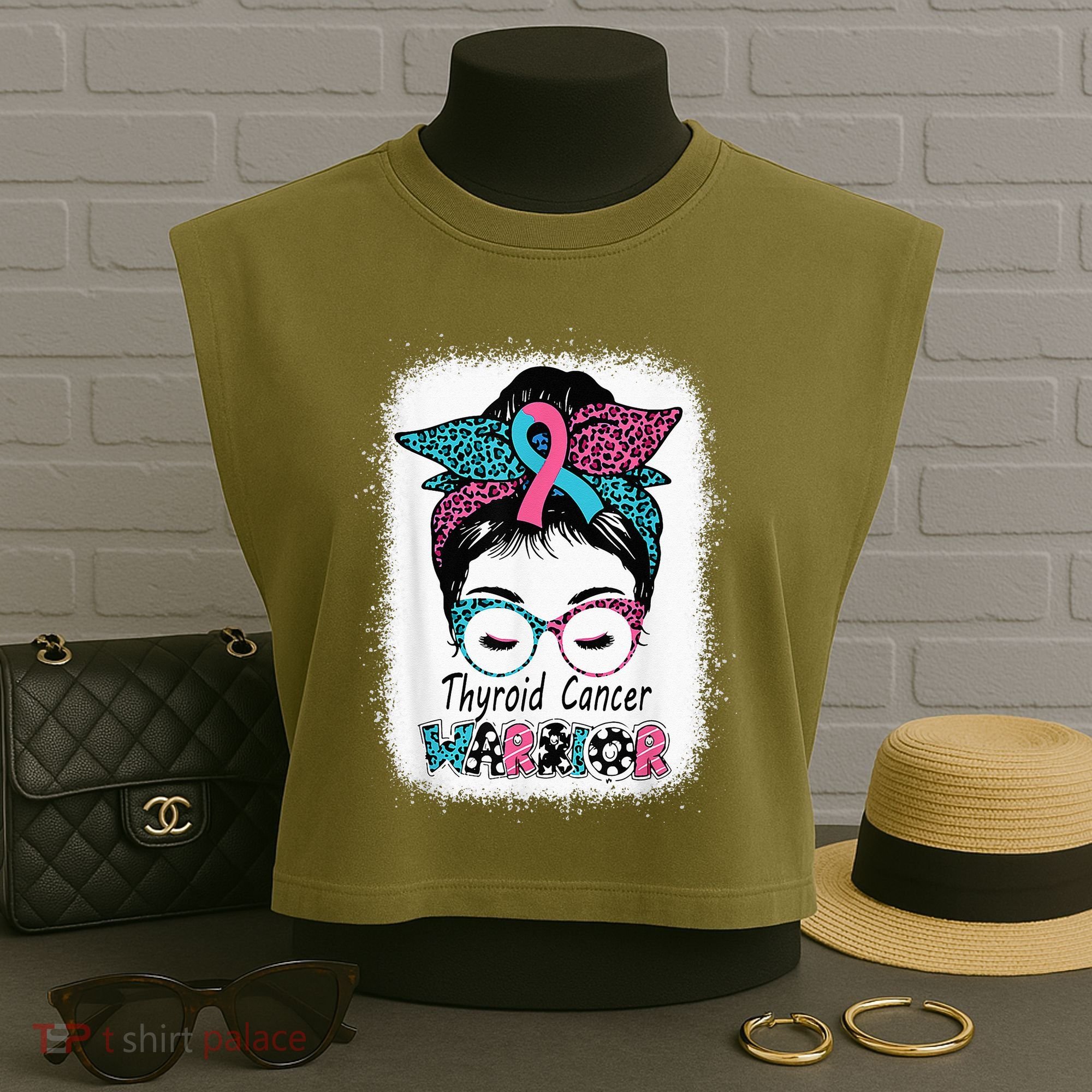 Thyroid Cancer Warrior Awareness Messy Bun Mom Teal Ribbon Garment-Dyed Women's Muscle Tee
