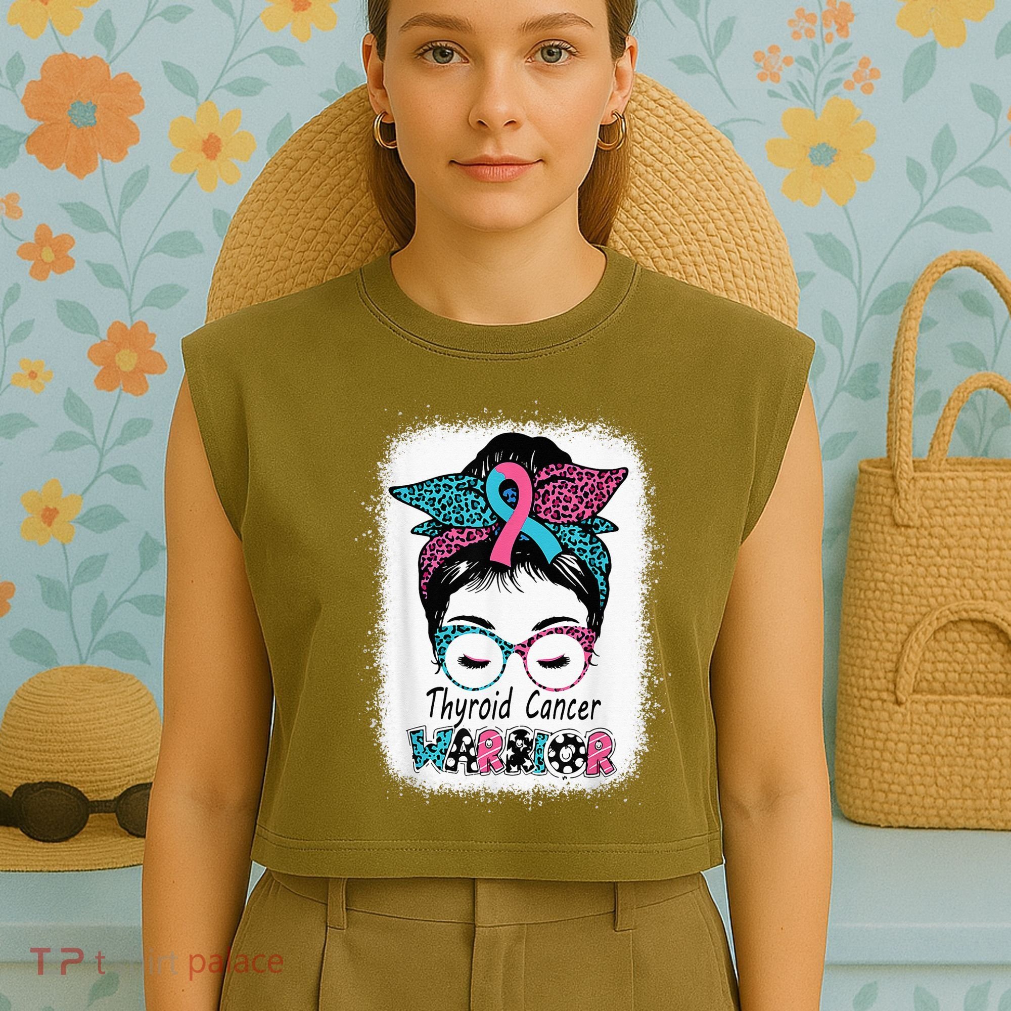 Thyroid Cancer Warrior Awareness Messy Bun Mom Teal Ribbon Garment-Dyed Women's Muscle Tee