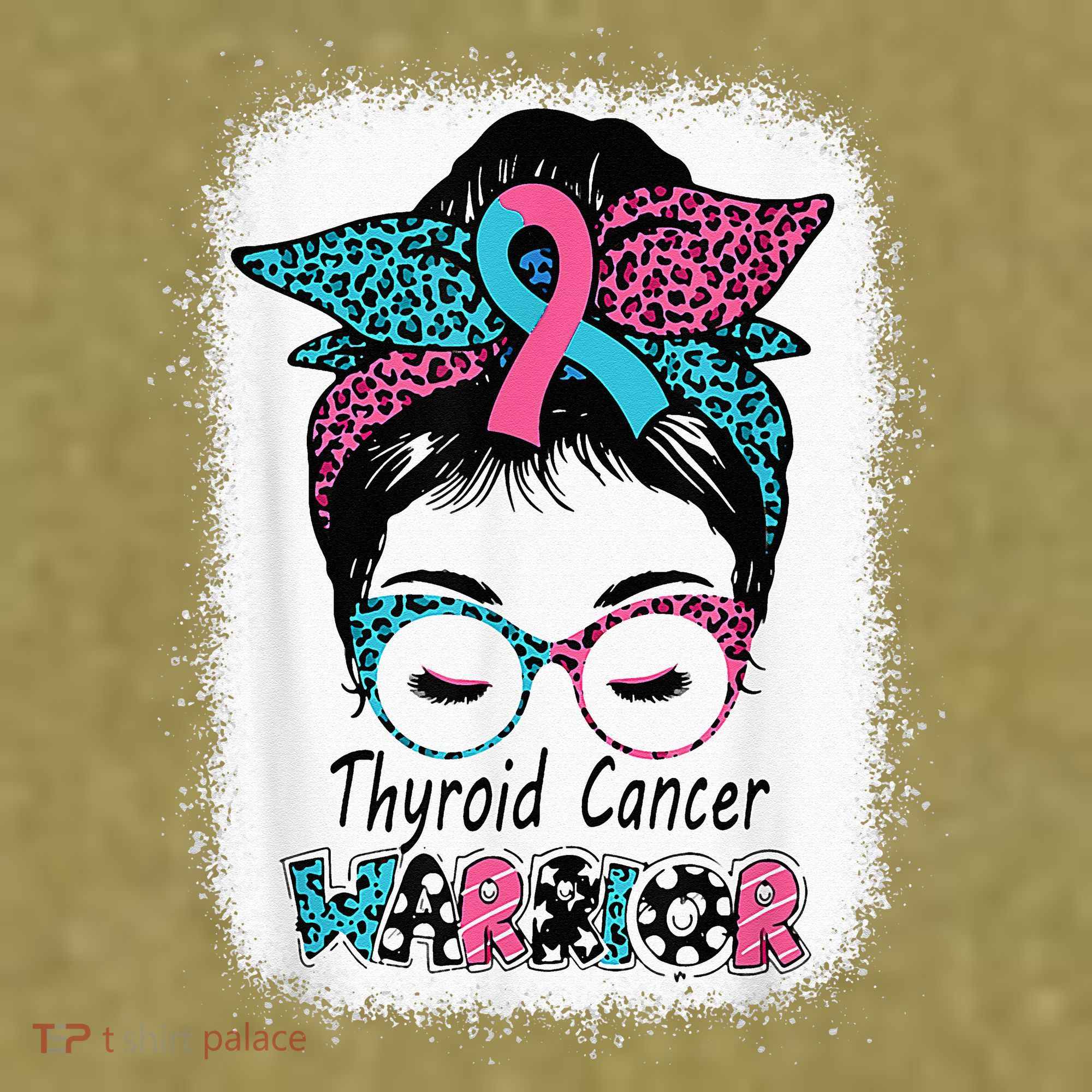 Thyroid Cancer Warrior Awareness Messy Bun Mom Teal Ribbon Garment-Dyed Women's Muscle Tee