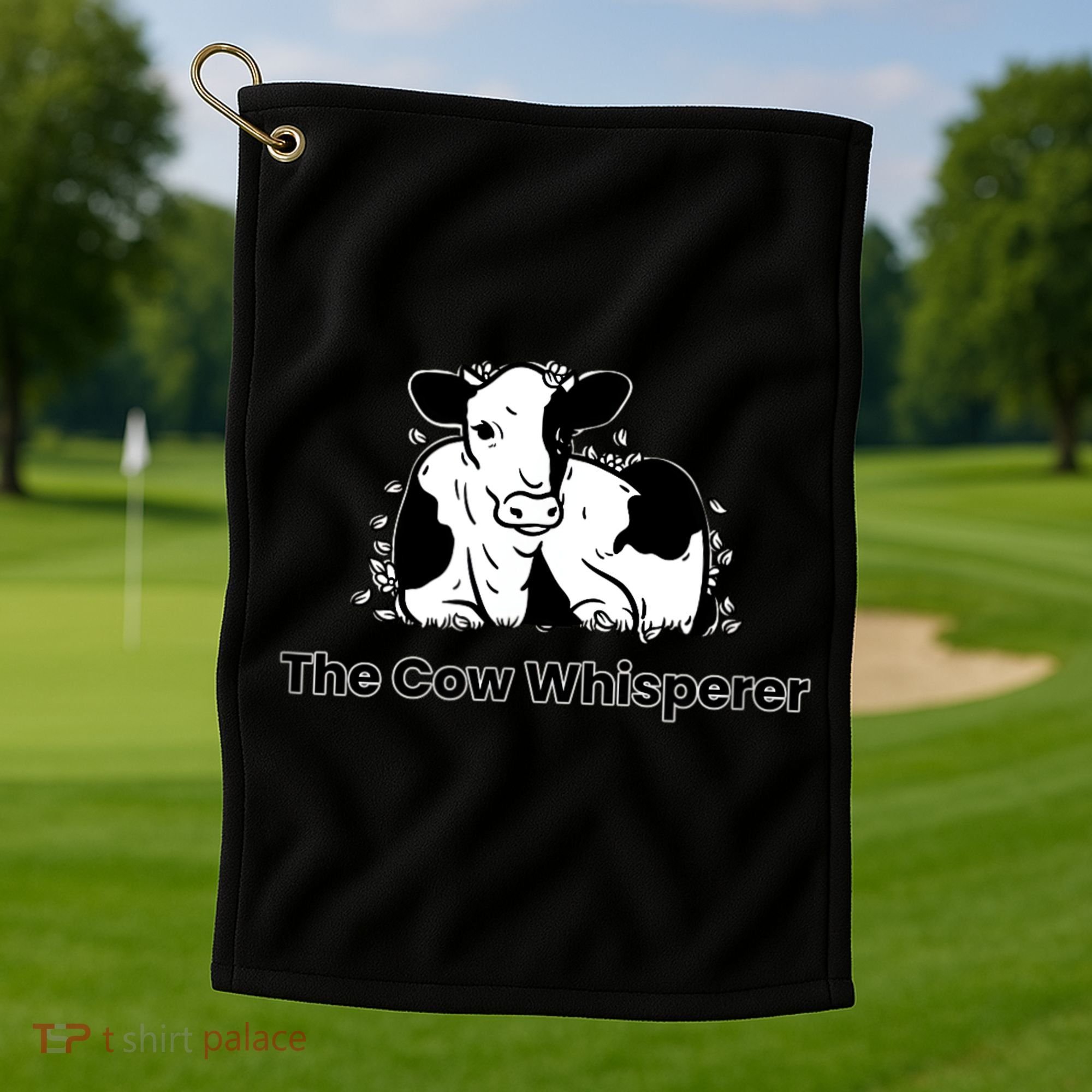 The Cow Whisperer Cute Black And White Resting Cow Golf Towel
