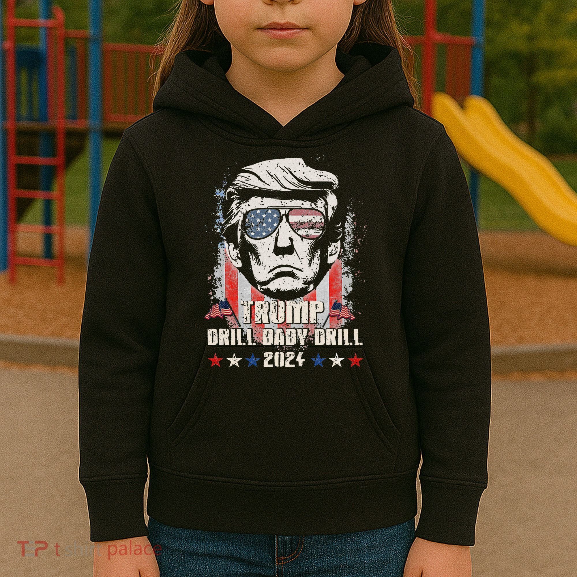 Trump Drill Baby Drill American Flag Kids Hoodie