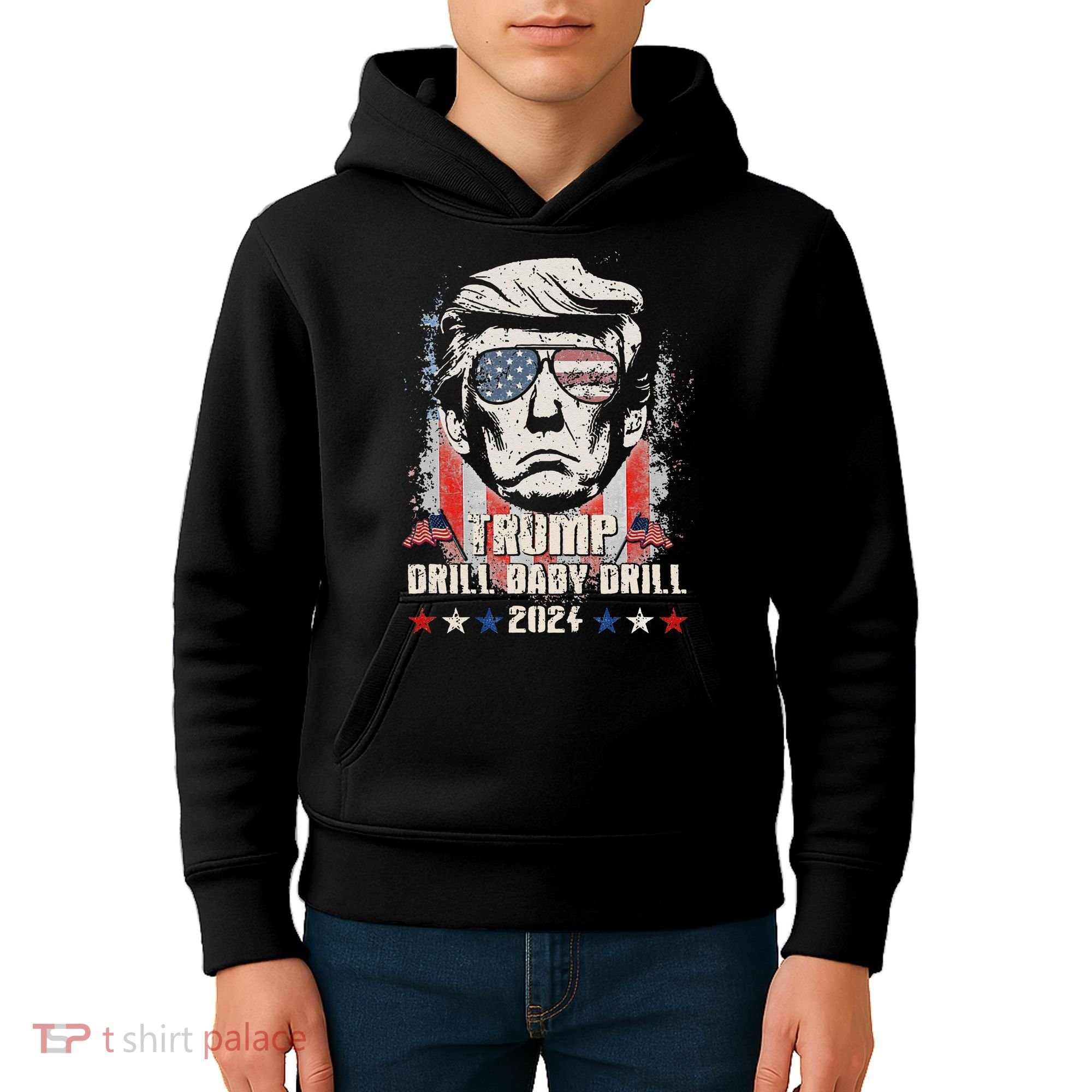 Trump Drill Baby Drill American Flag Kids Hoodie