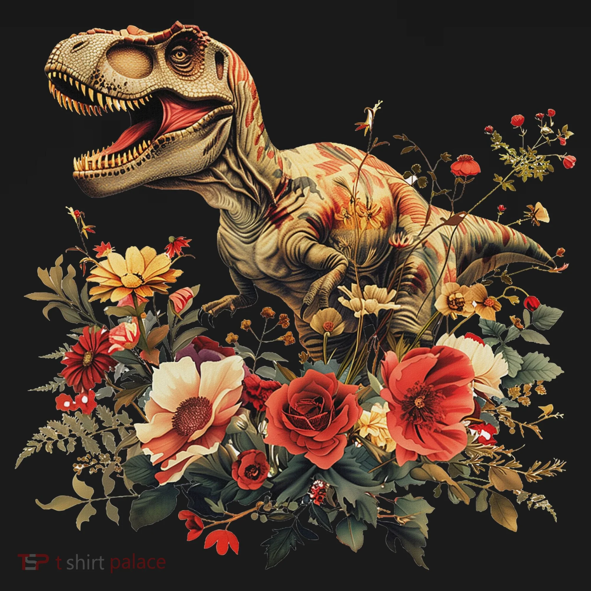 Trex Dinosaur Dino Floral Flower Button