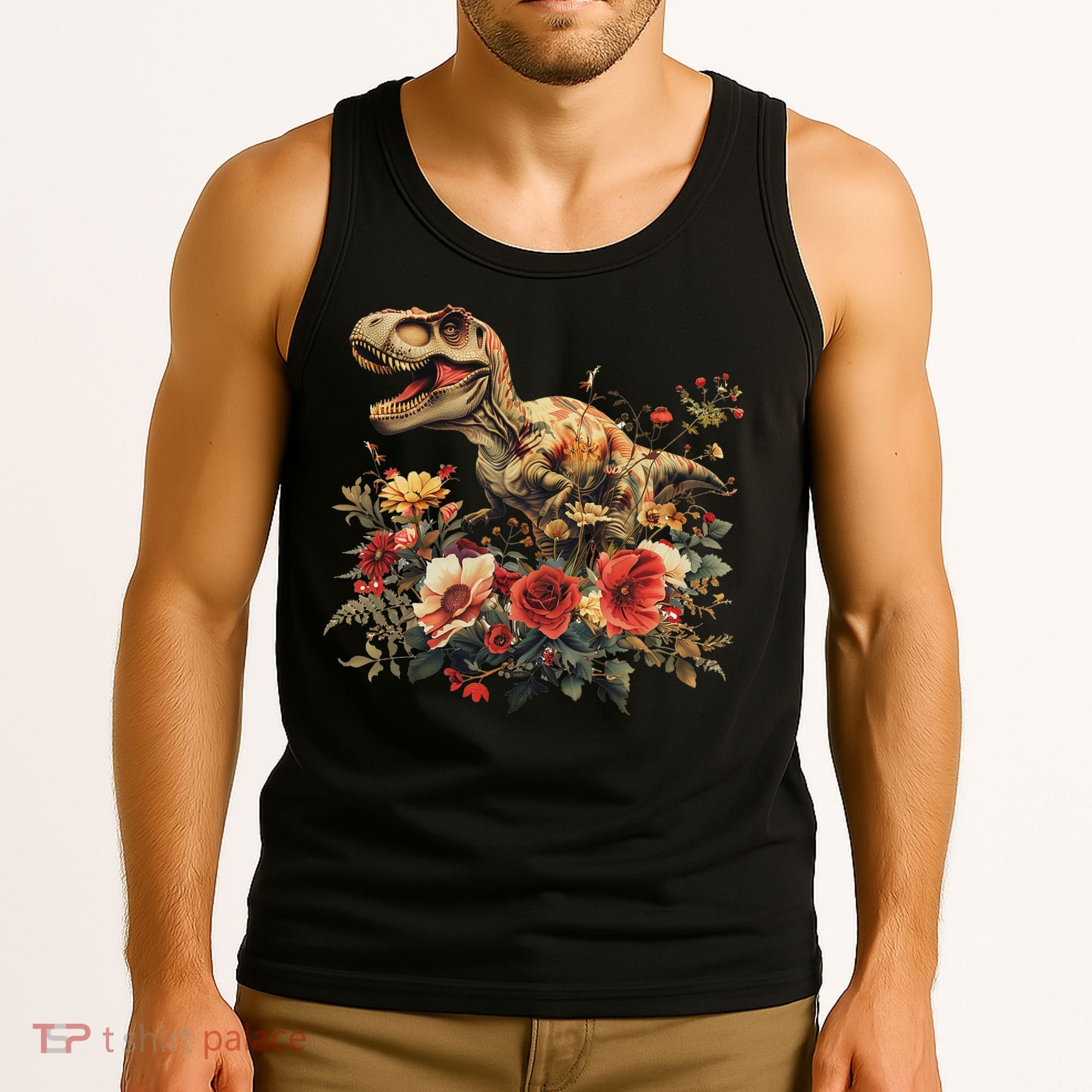 Trex Dinosaur Dino Floral Flower Tank Top