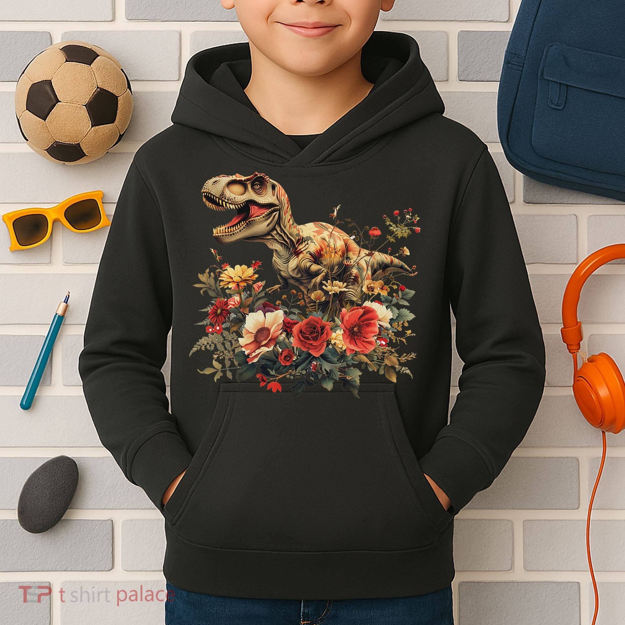 Trex Dinosaur Dino Floral Flower Kids Hoodie