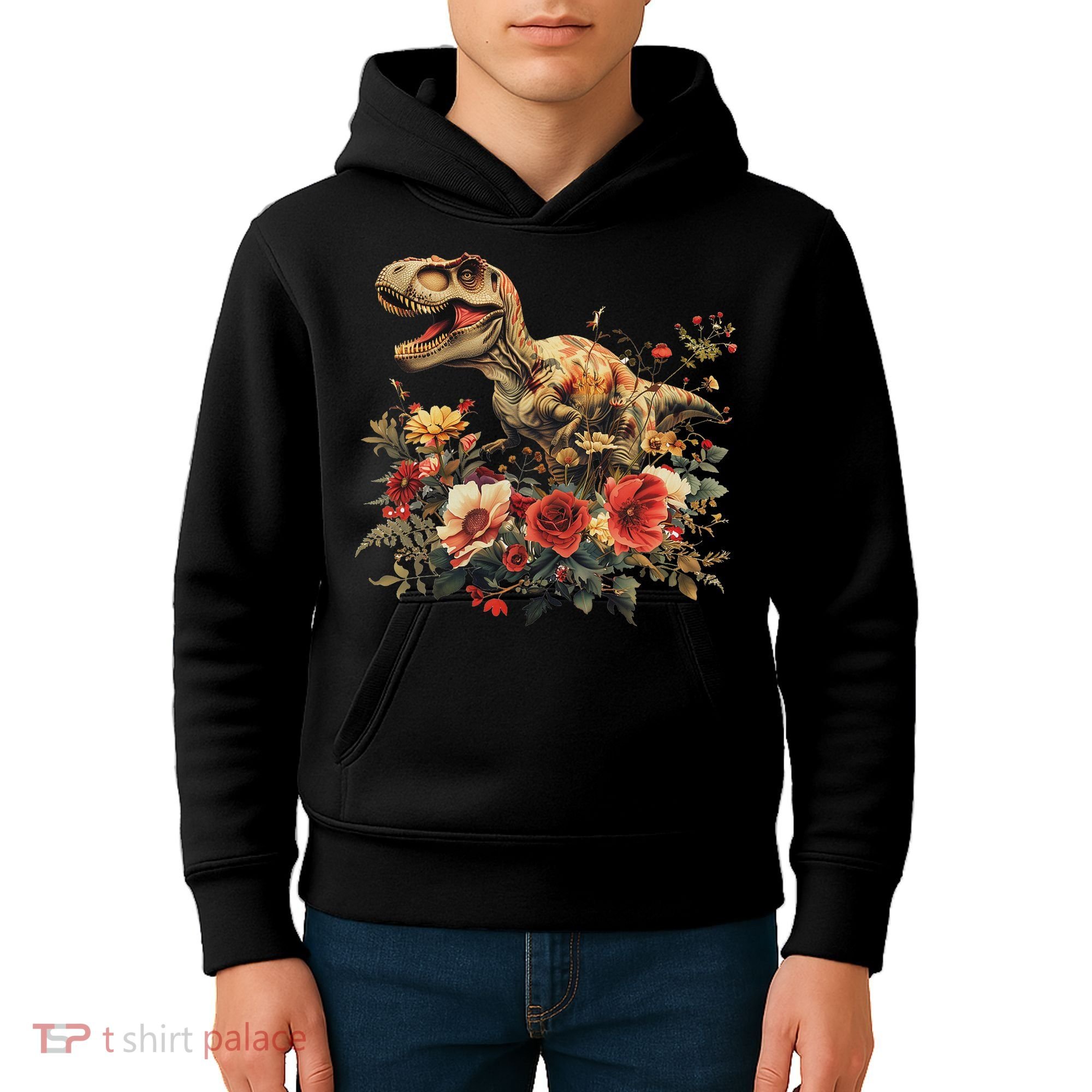 Trex Dinosaur Dino Floral Flower Kids Hoodie
