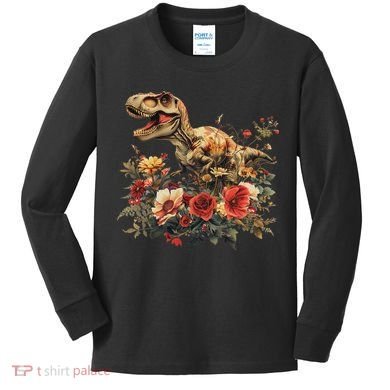 Trex Dinosaur Dino Floral Flower Kids Long Sleeve Shirt