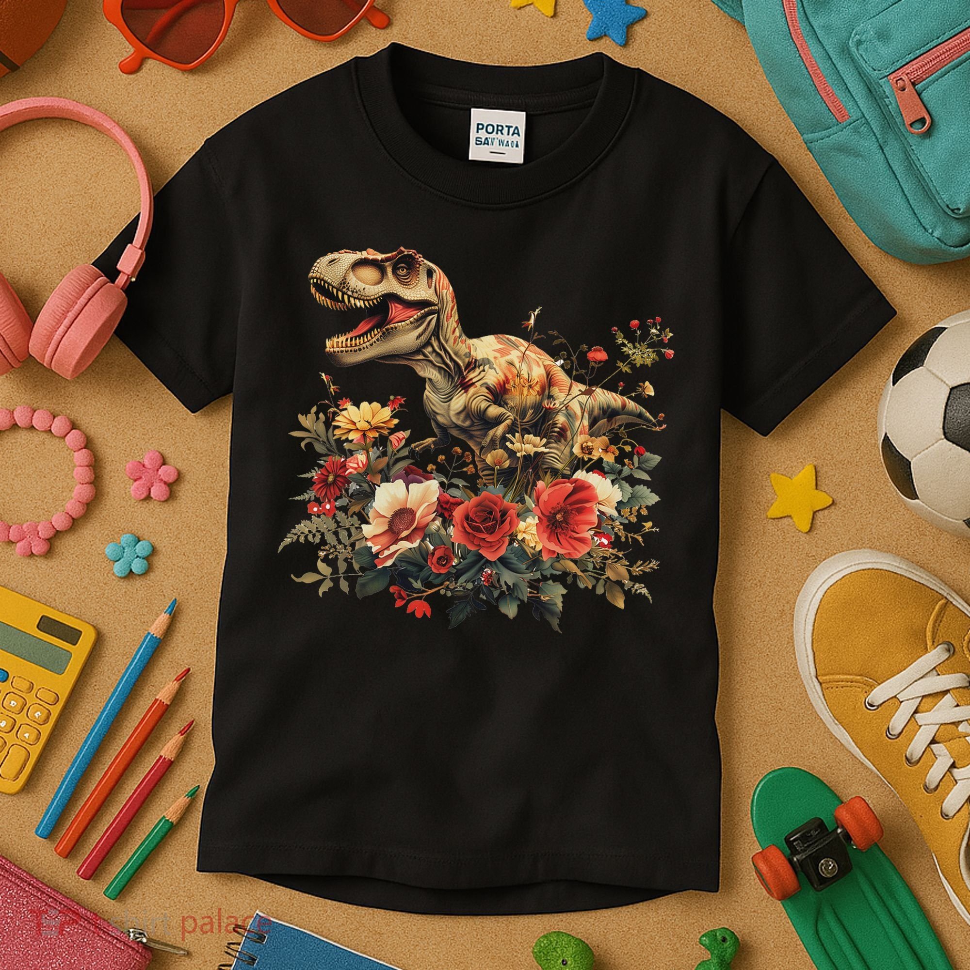 Trex Dinosaur Dino Floral Flower Kids T-Shirt