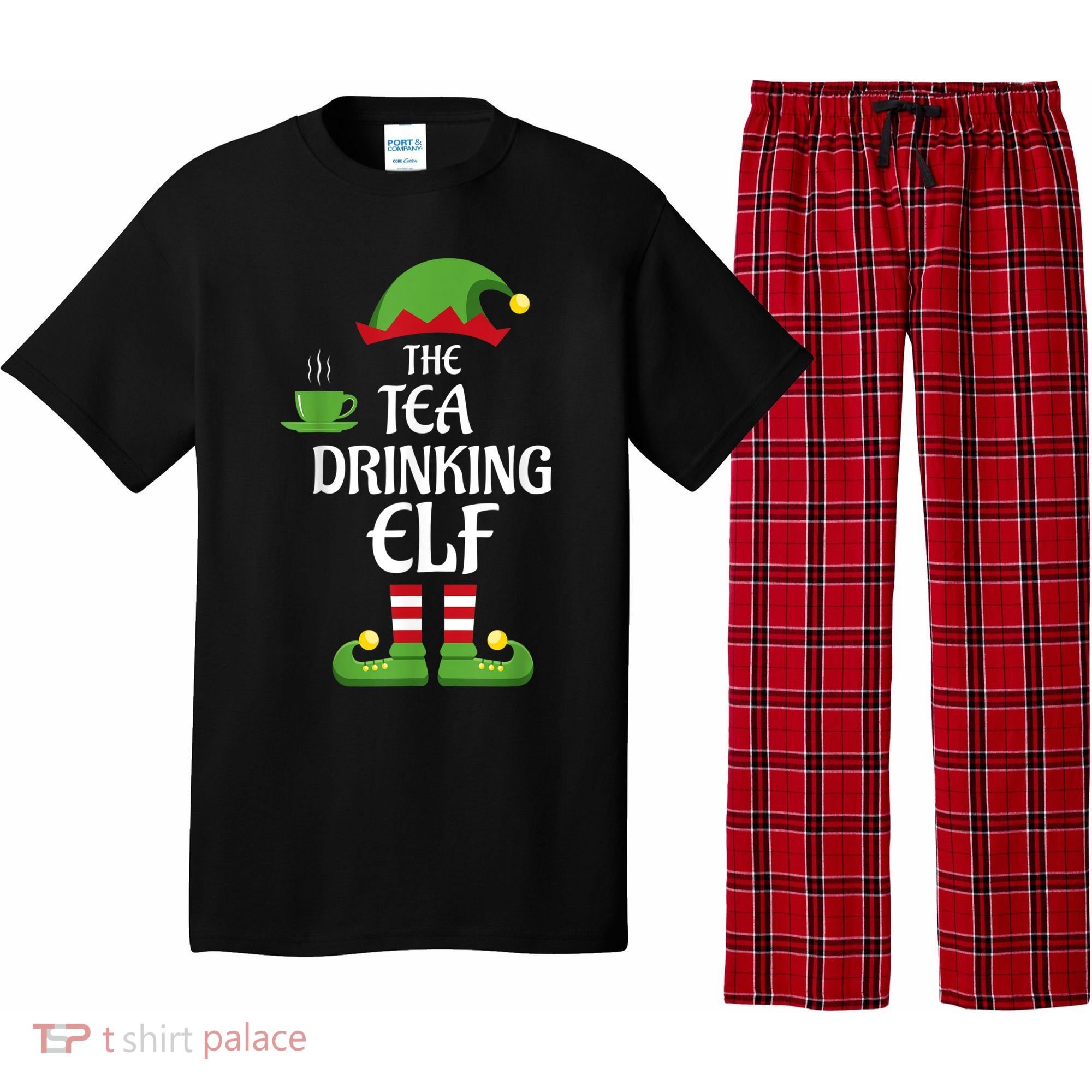 Tea Drinking Elf Family Matching Group Christmas Pajama Set