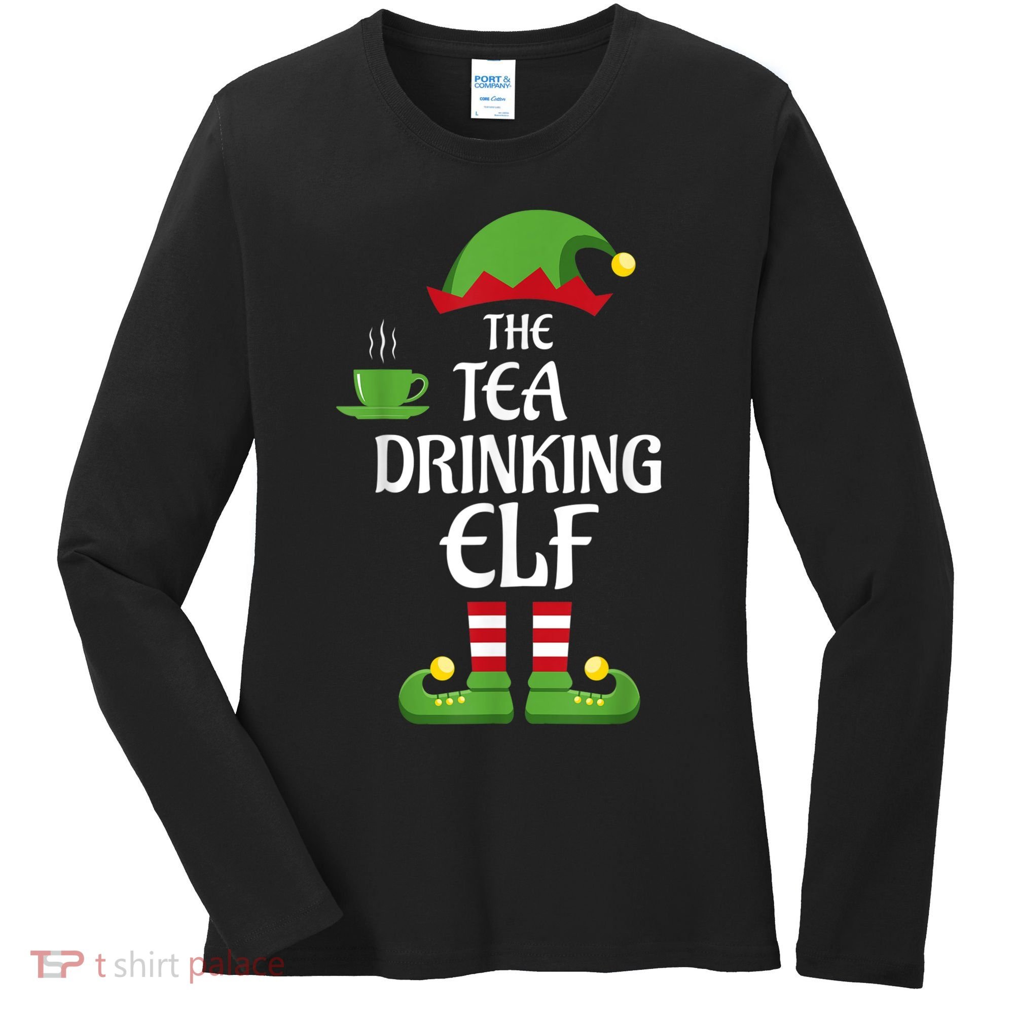 Tea Drinking Elf Family Matching Group Christmas Women's Long Sleeve Shirt