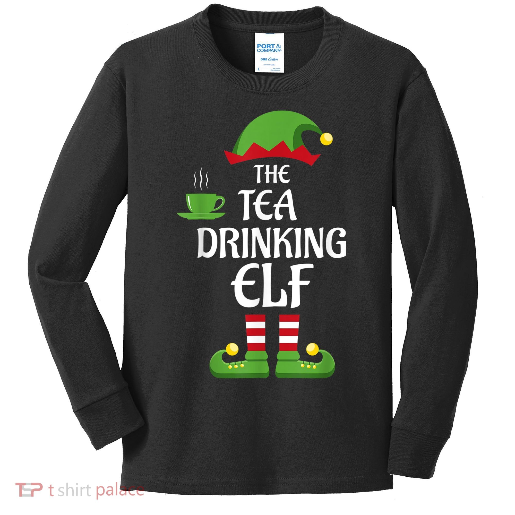 Tea Drinking Elf Family Matching Group Christmas Kids Long Sleeve Shirt