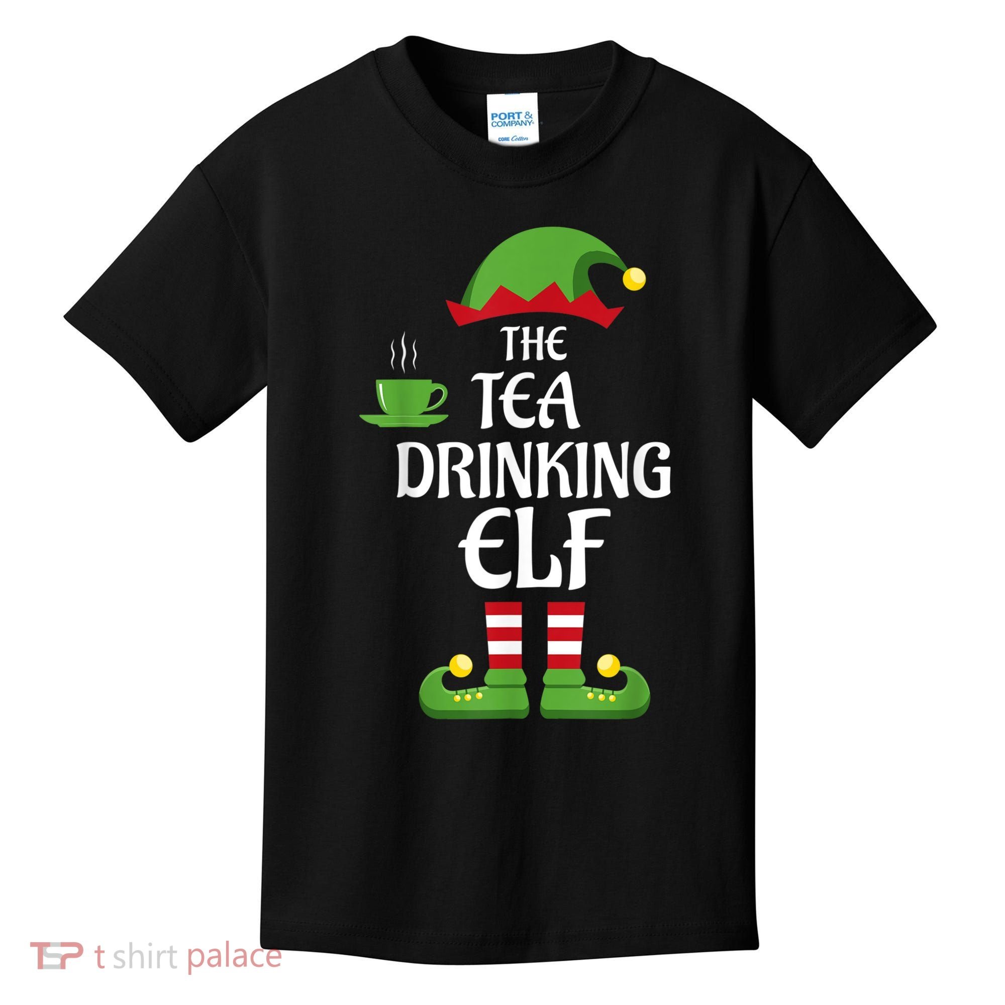 Tea Drinking Elf Family Matching Group Christmas Kids T-Shirt