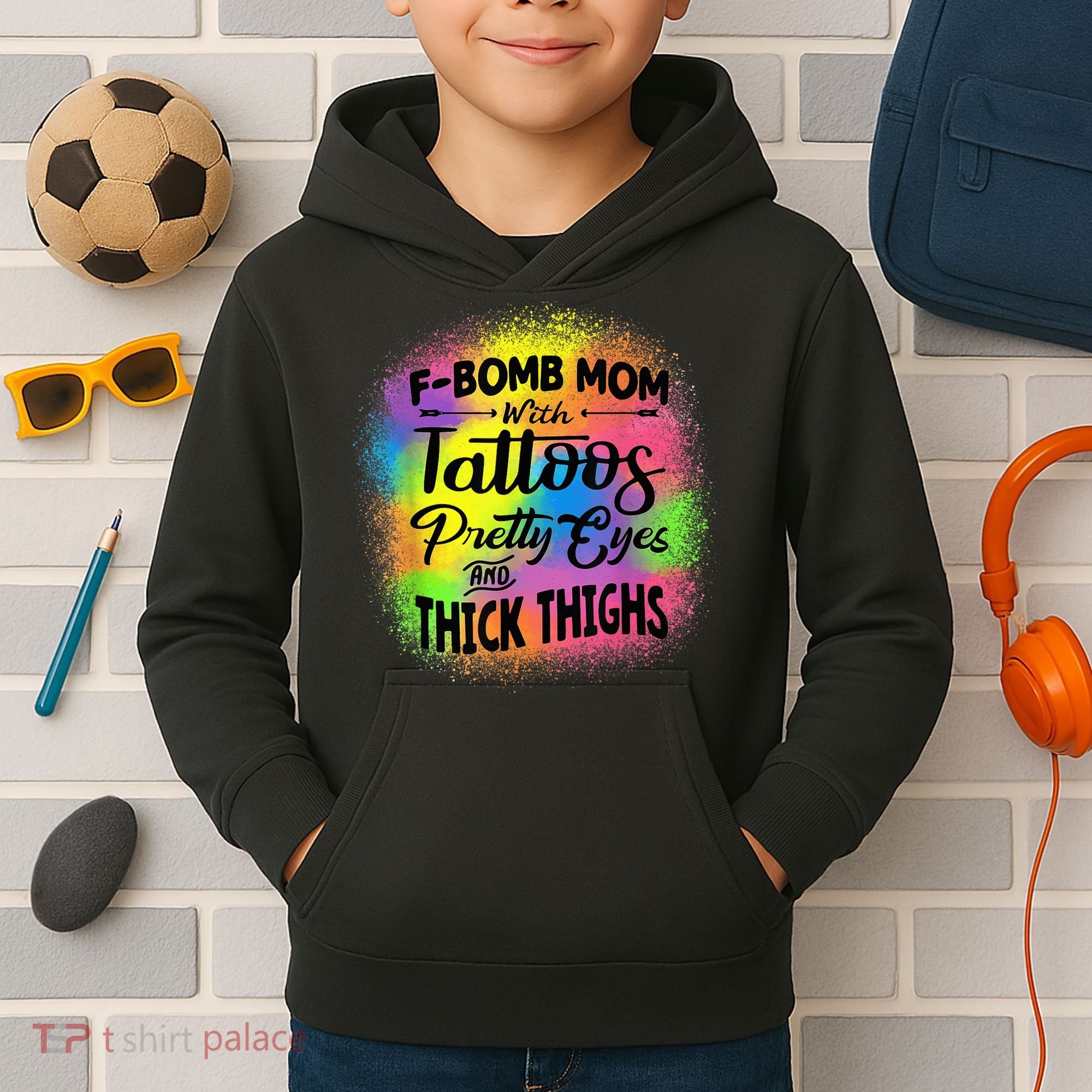 Tie Dye F Bomb Mom With Tattoos Pretty Eyes And Thick Thighs Kids Hoodie