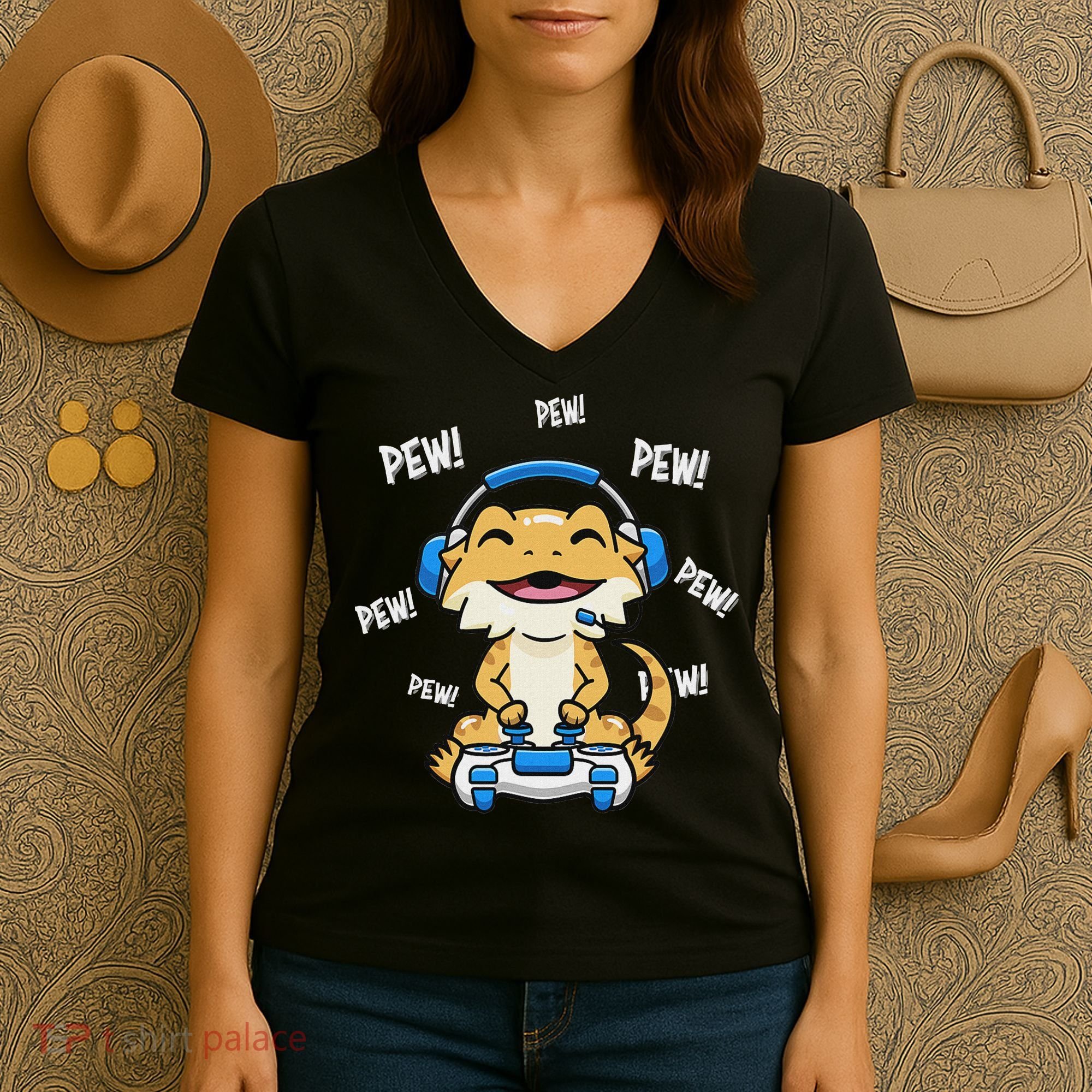 Tiny Dinosaur Kawaii Gamer Bearded Dragon Lover Women's V-Neck T-Shirt