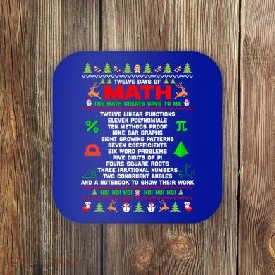 Twelve Days Of Math Teacher Students Ugly Sweater Christmas Gift Coaster