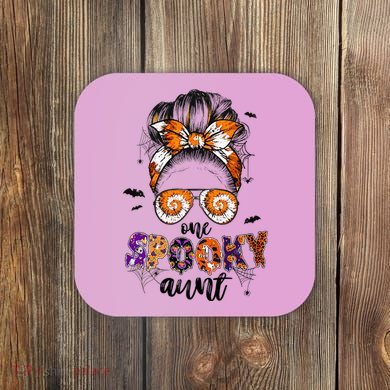 Tie Dye One Spooky Aunt Halloween Monster Messy Bun Aunt  Coaster
