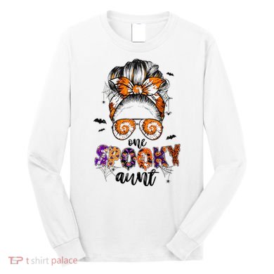 Tie Dye One Spooky Aunt Halloween Monster Messy Bun Aunt  Long Sleeve Shirt