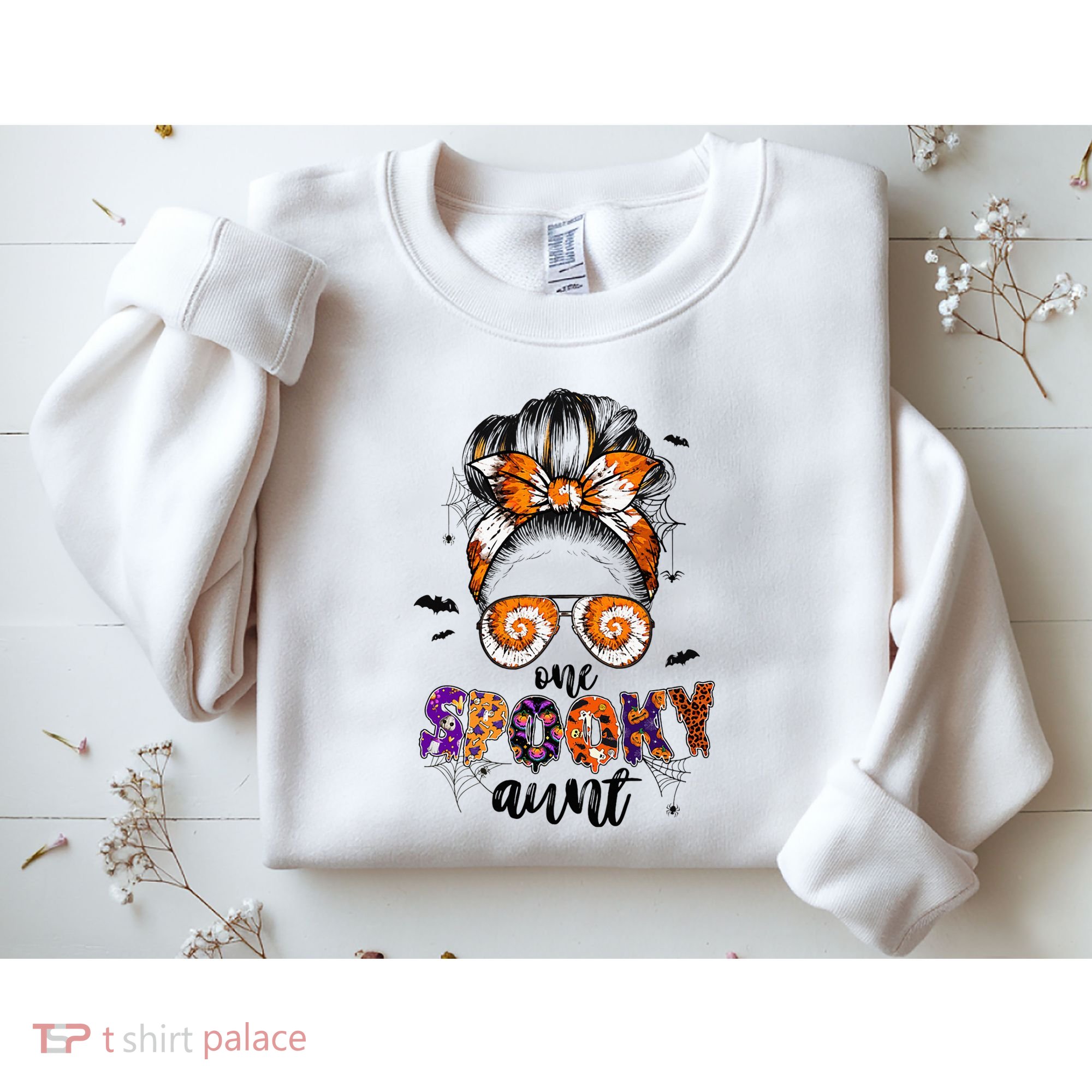 Tie Dye One Spooky Aunt Halloween Monster Messy Bun Aunt  Sweatshirt