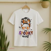 Tie Dye One Spooky Aunt Halloween Monster Messy Bun Aunt  T-Shirt thumb 2