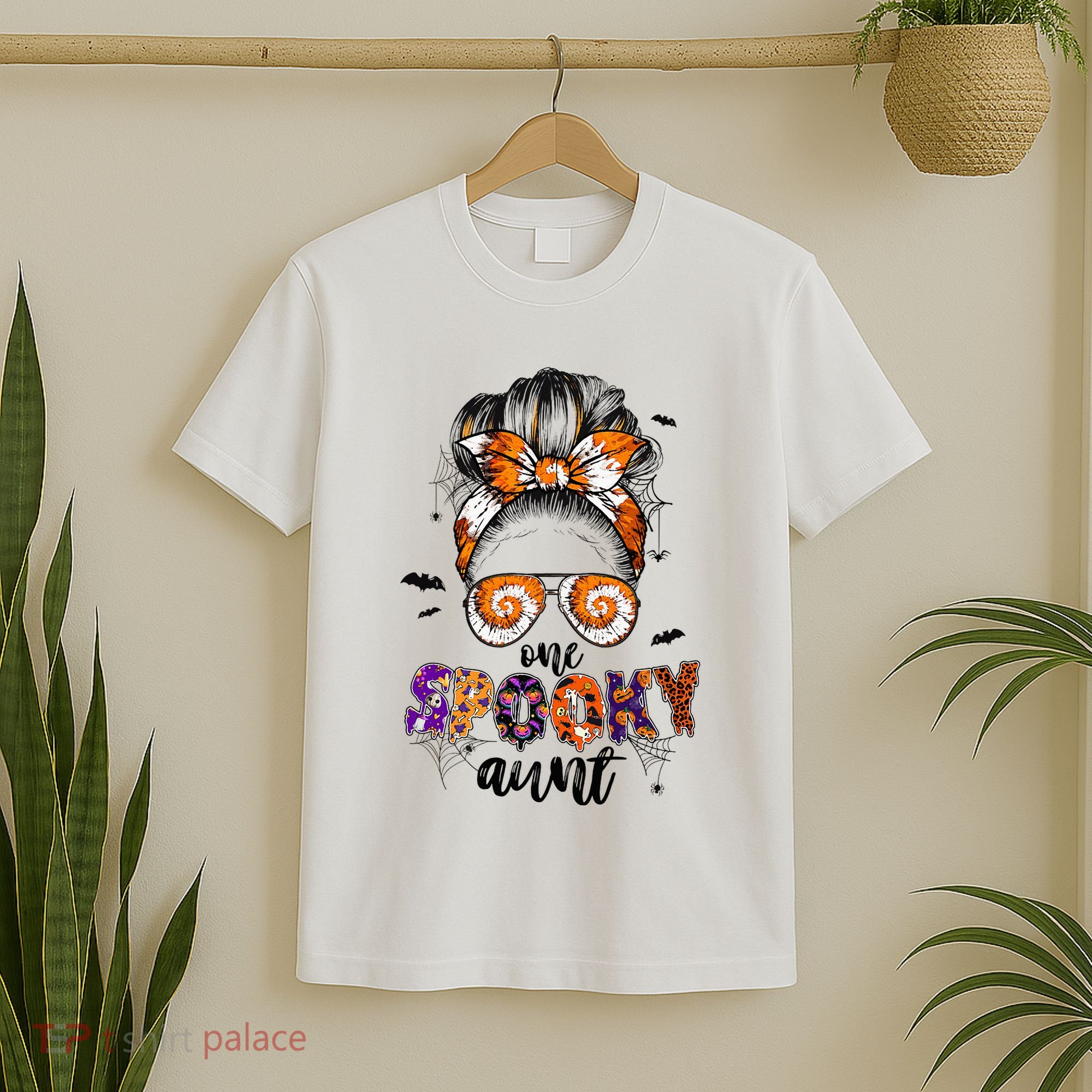 Tie Dye One Spooky Aunt Halloween Monster Messy Bun Aunt  T-Shirt