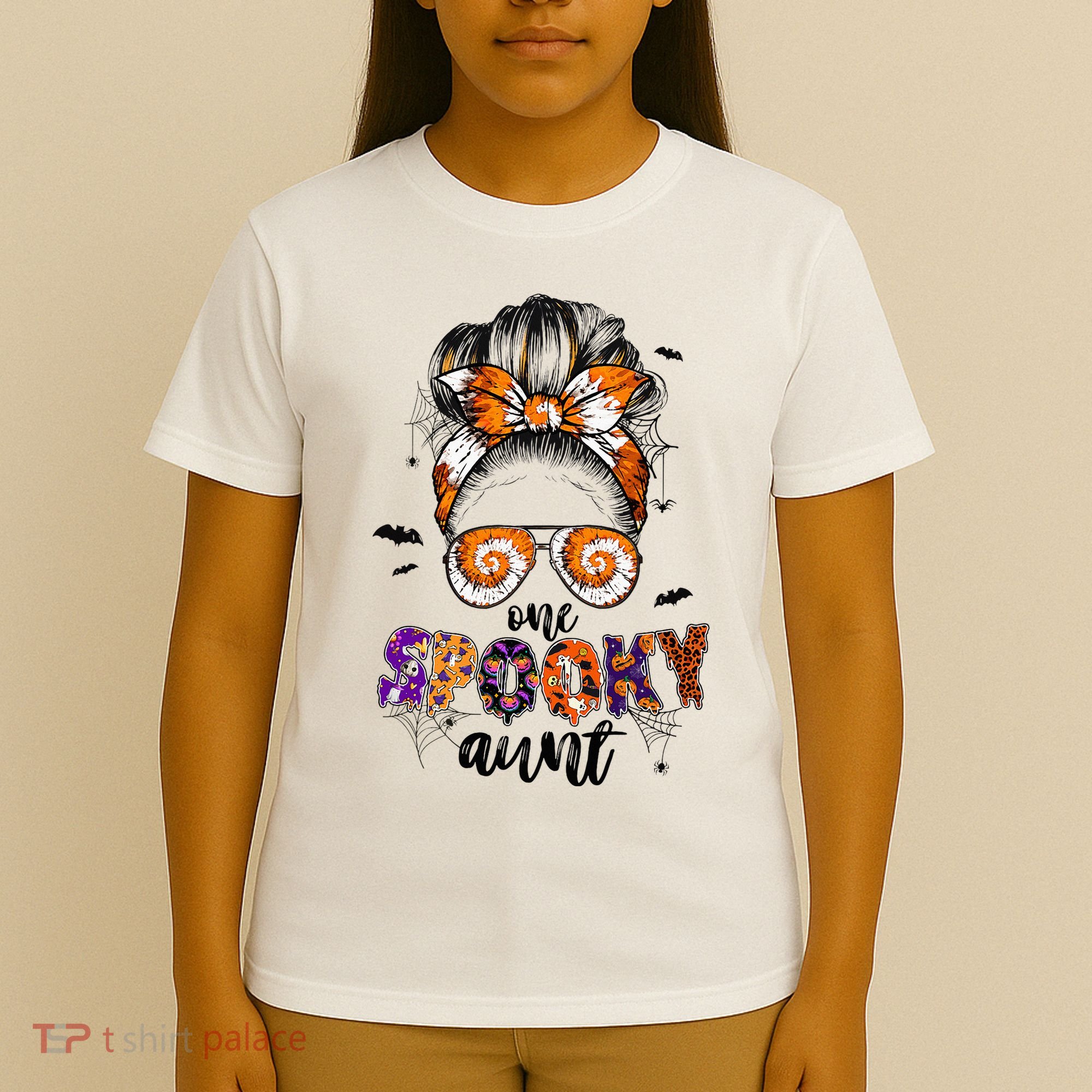 Tie Dye One Spooky Aunt Halloween Monster Messy Bun Aunt  T-Shirt