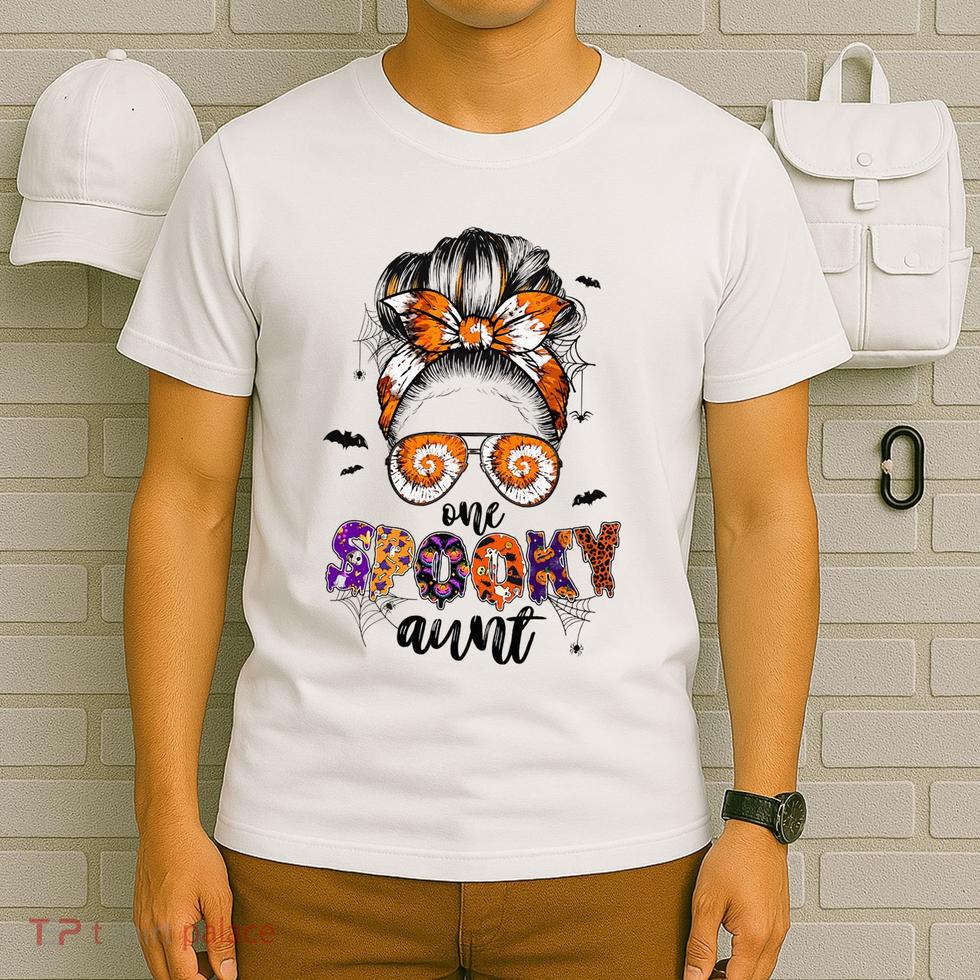 Tie Dye One Spooky Aunt Halloween Monster Messy Bun Aunt  T-Shirt