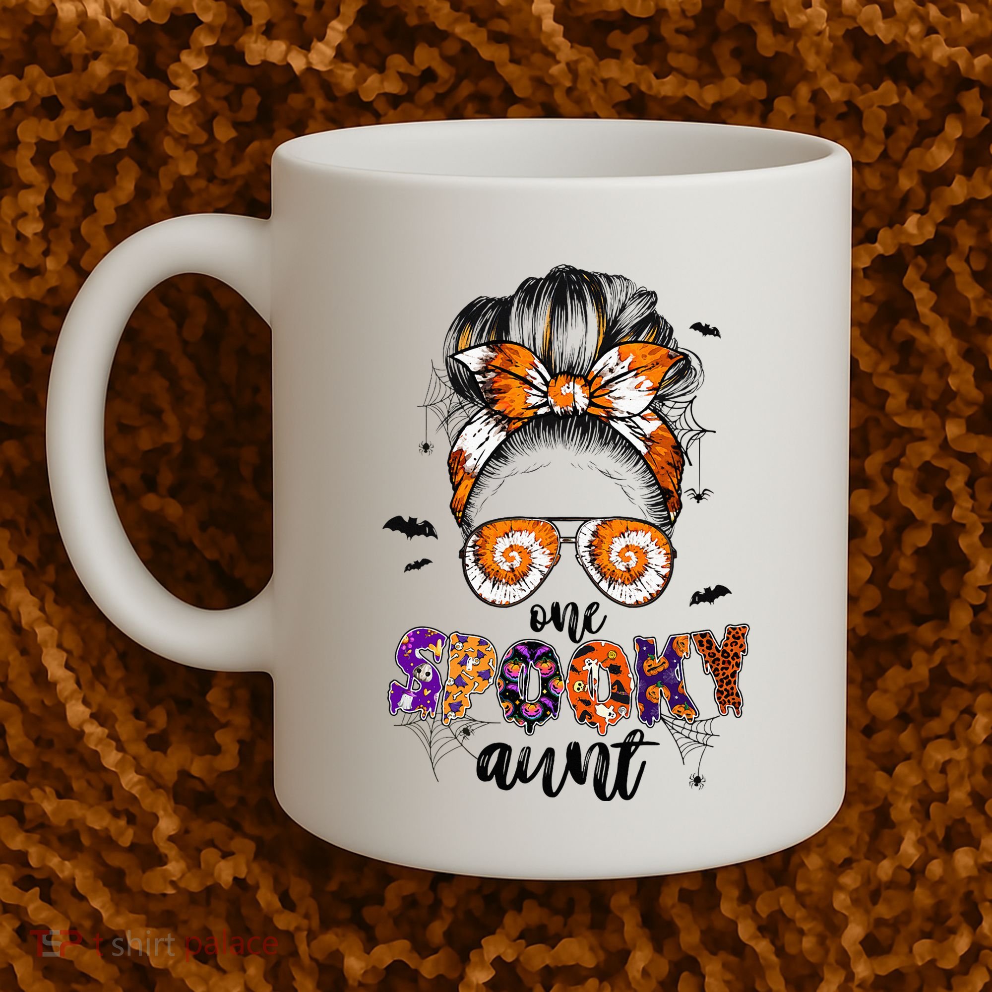 Tie Dye One Spooky Aunt Halloween Monster Messy Bun Aunt  Coffee Mug
