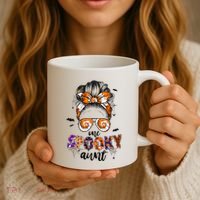 Tie Dye One Spooky Aunt Halloween Monster Messy Bun Aunt  Coffee Mug thumb 3